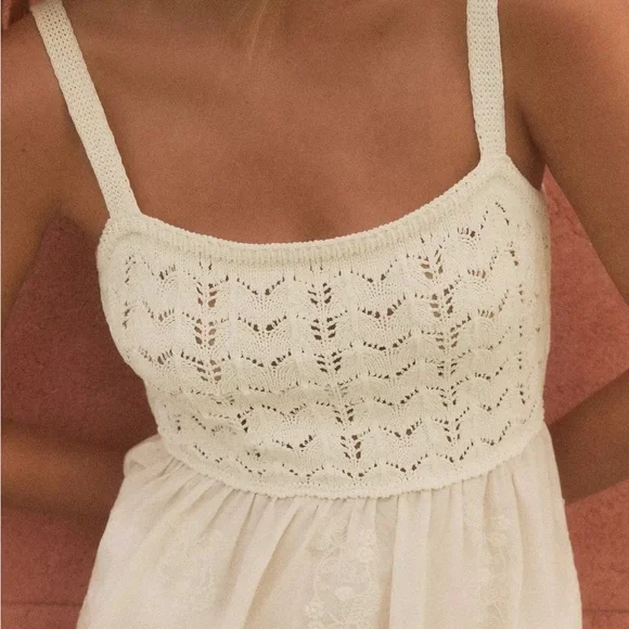 Zara Contrasting Embroidered Knit Dress Cotton Blend Tie Back NWT L Cottagecore - Picture 3 of 13